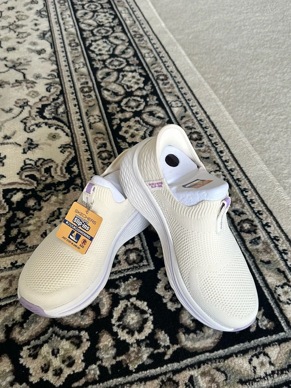 Skechers Women's Slip-On Knit Sneakers in Cream with Lavender Accents